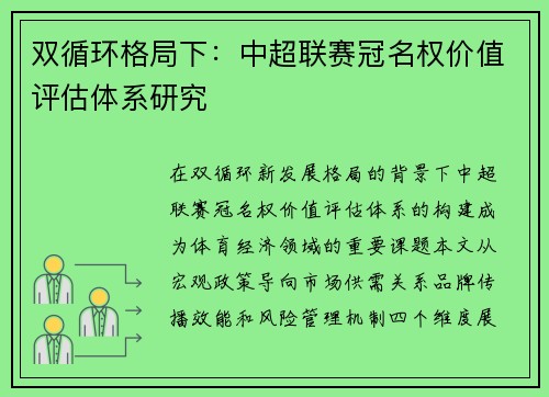 双循环格局下：中超联赛冠名权价值评估体系研究