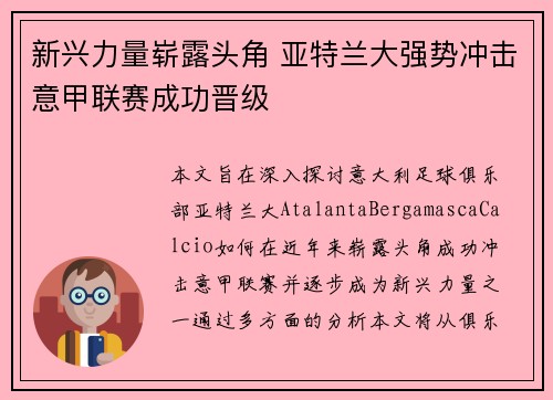 新兴力量崭露头角 亚特兰大强势冲击意甲联赛成功晋级