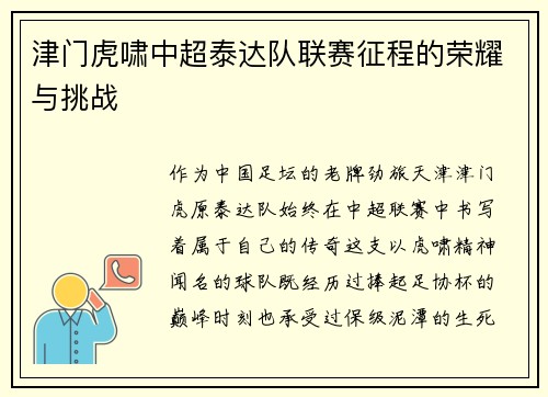 津门虎啸中超泰达队联赛征程的荣耀与挑战